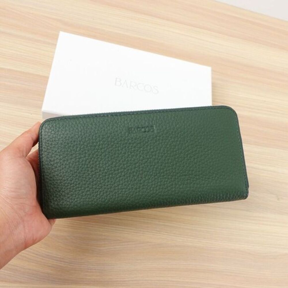 BARCOS Long Wallet Dark Green Leather Zip Around Clutch‎ Purse Genuine JAPAN
